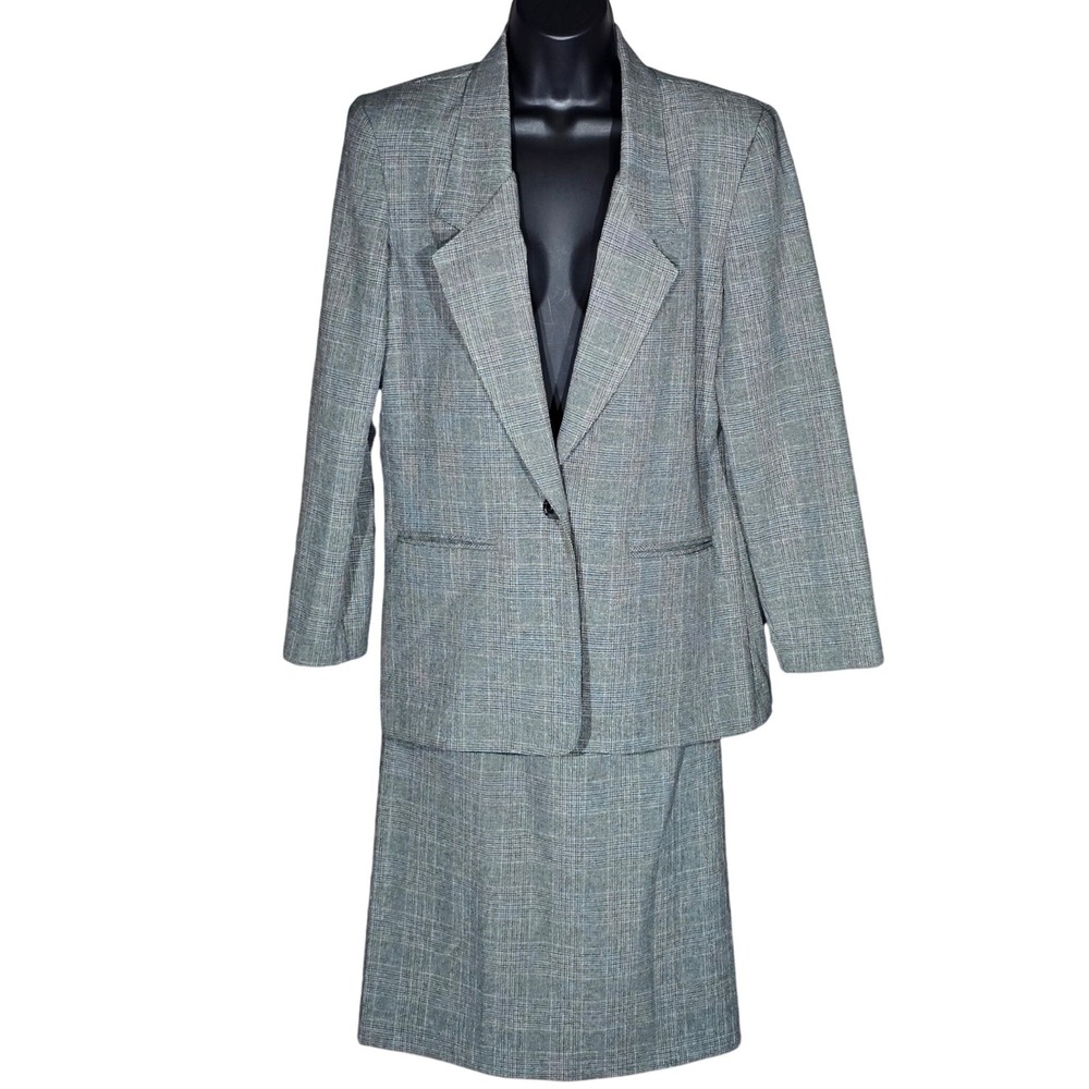 Alfred Dunner Petite Skirt Suit Set Grey Plaid Blazer 8P Midi Skirt 6P Made USA